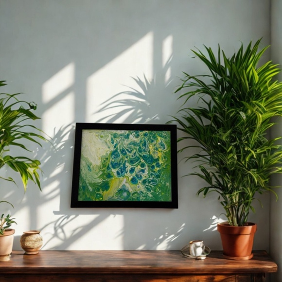 Original Abstract Acrylic Pour Painting | Green & Blue Art | Framed 8x10 Panel - Picture 2 of 8